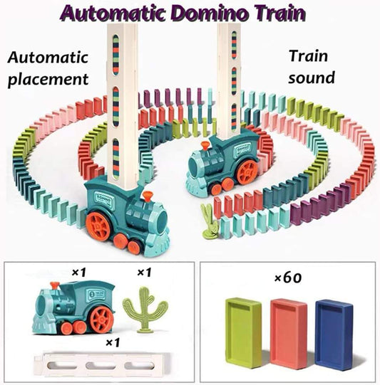 Toy domino train automatically dispensing dominoes at 1.5 cm intervals