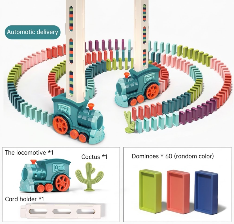 Domino train releasing a single domino at a precise 1.5 cm interval as it rolls forward
