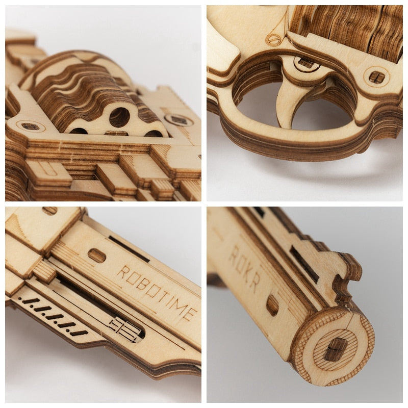 Robotime Gun Building Blocks DIY Revolver,Scatte with Rubber Band Bullet  Wooden Popular Toy Gift for Children Adult