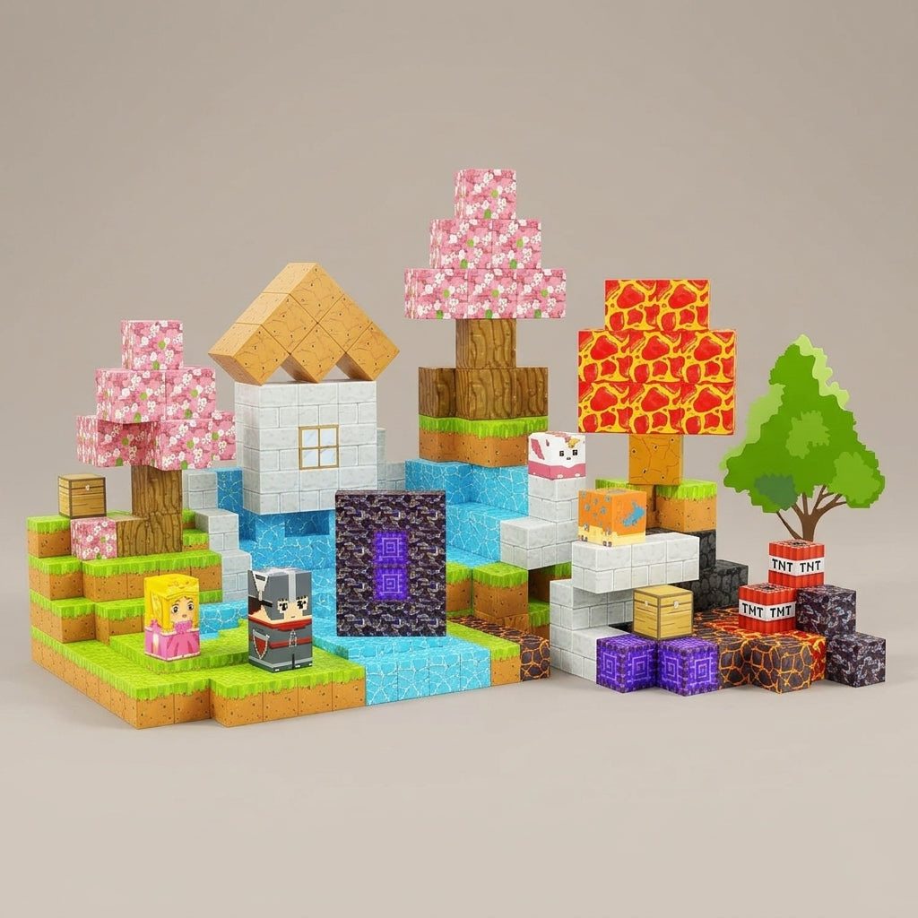 Brightly coloured magnet cube blocks spread out in a fan shape to showcase the full palette