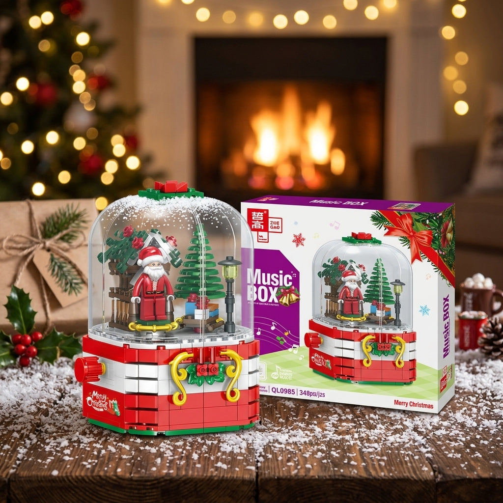 Assembled Christmas snow globe building set showing illuminated rotating tree
