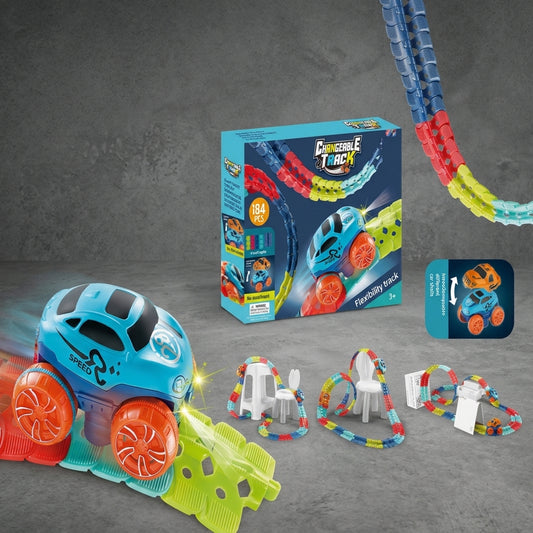 toy car track set – 46 piece straight and curved plastic rails laid out on a carpet