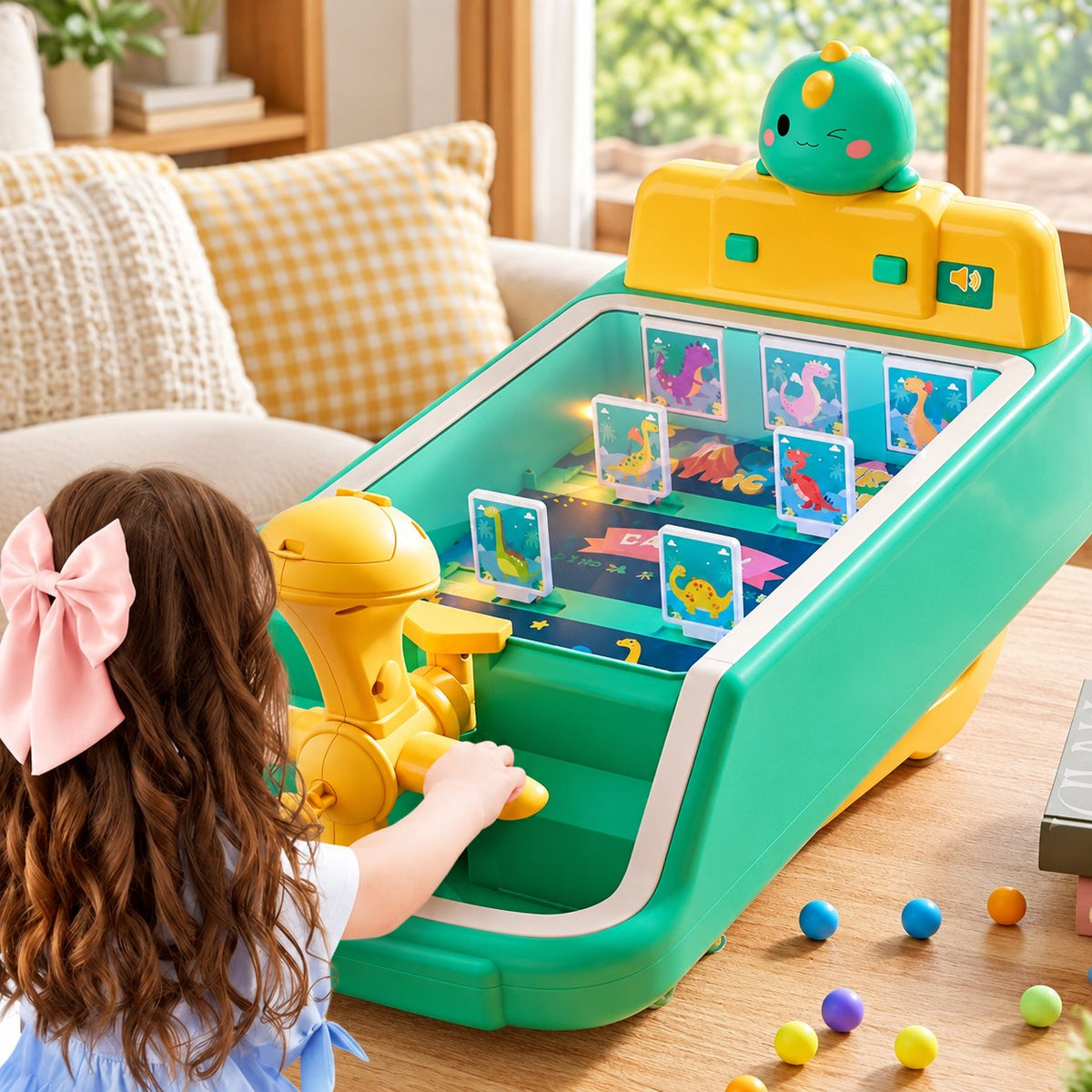 little girl playing with green mini pinball machine