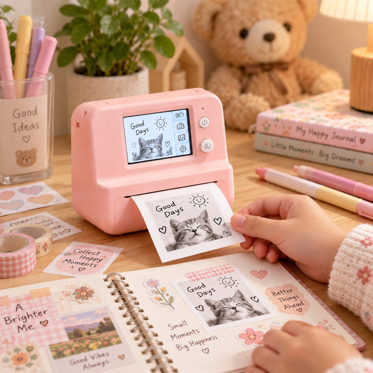 Pink Mini Printer Printing a cute cat' picture
