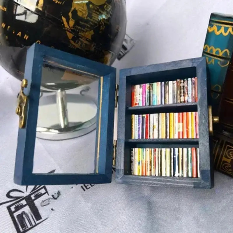 Handmade Mini Wooden Bookshelf with 60 Mini Books – Stress Reliever & Decor