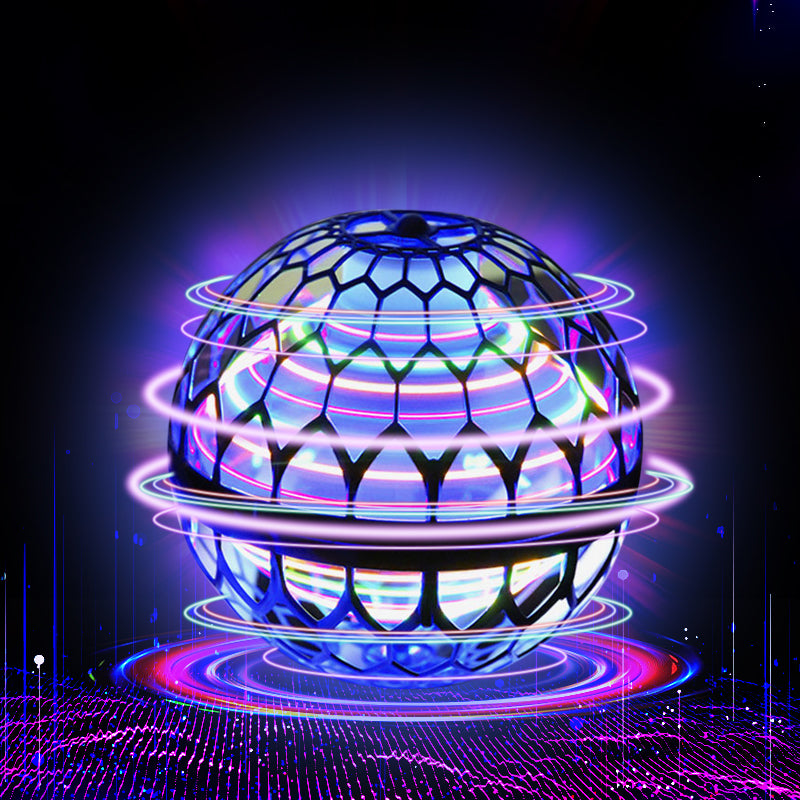 Colorful LED flying spinner ball with geometric design on a dark background