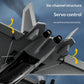 Close-up of a gray model RC Fighter Plane with yellow arrows and text reading 'Six-channel structure' and 'Servo control' over a blue sky background, illustrating servo control channels.