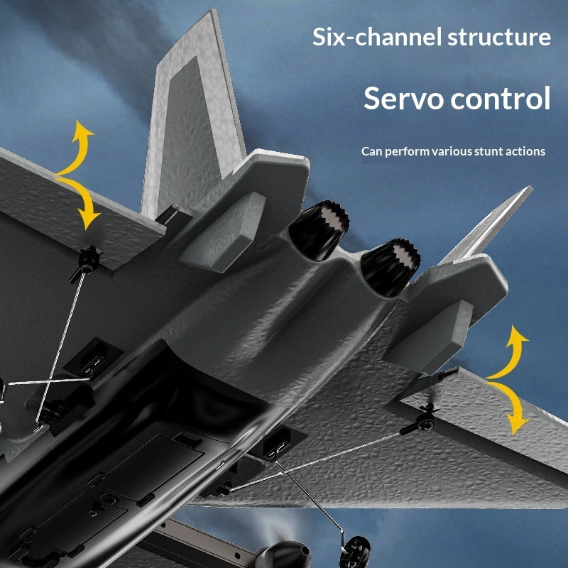Close-up of a gray model RC Fighter Plane with yellow arrows and text reading 'Six-channel structure' and 'Servo control' over a blue sky background, illustrating servo control channels.