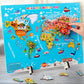Colorful magnetic world map puzzle with a hand interacting with it on a wooden surface.