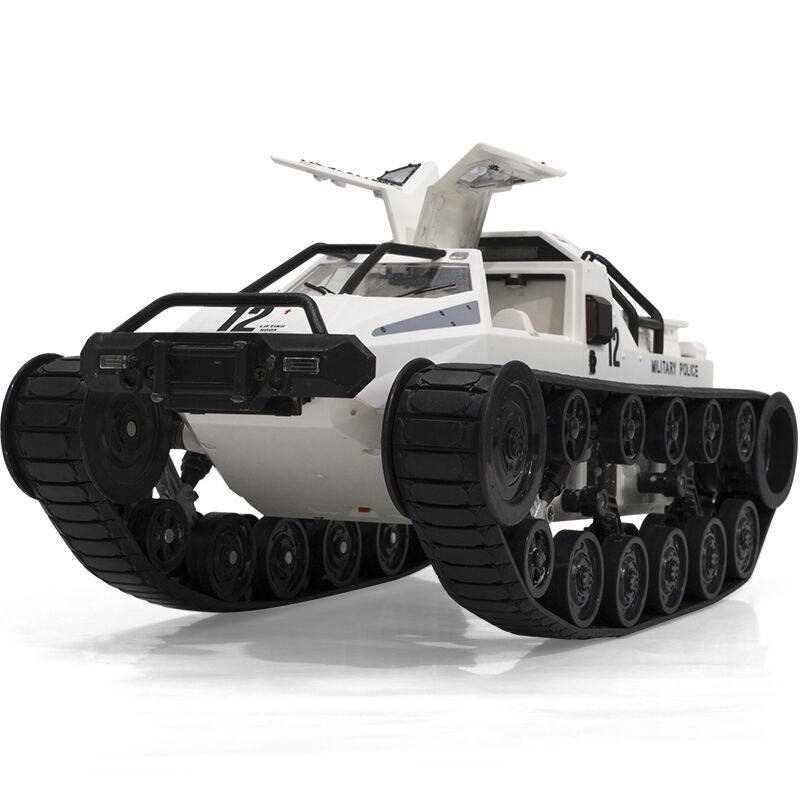 RC tank remote with gun‑fire button and steering joystick.