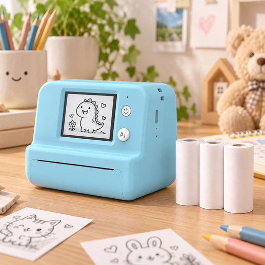 Mini Printer blue color with 3 rolls beside it and an animal on the Printer's screen