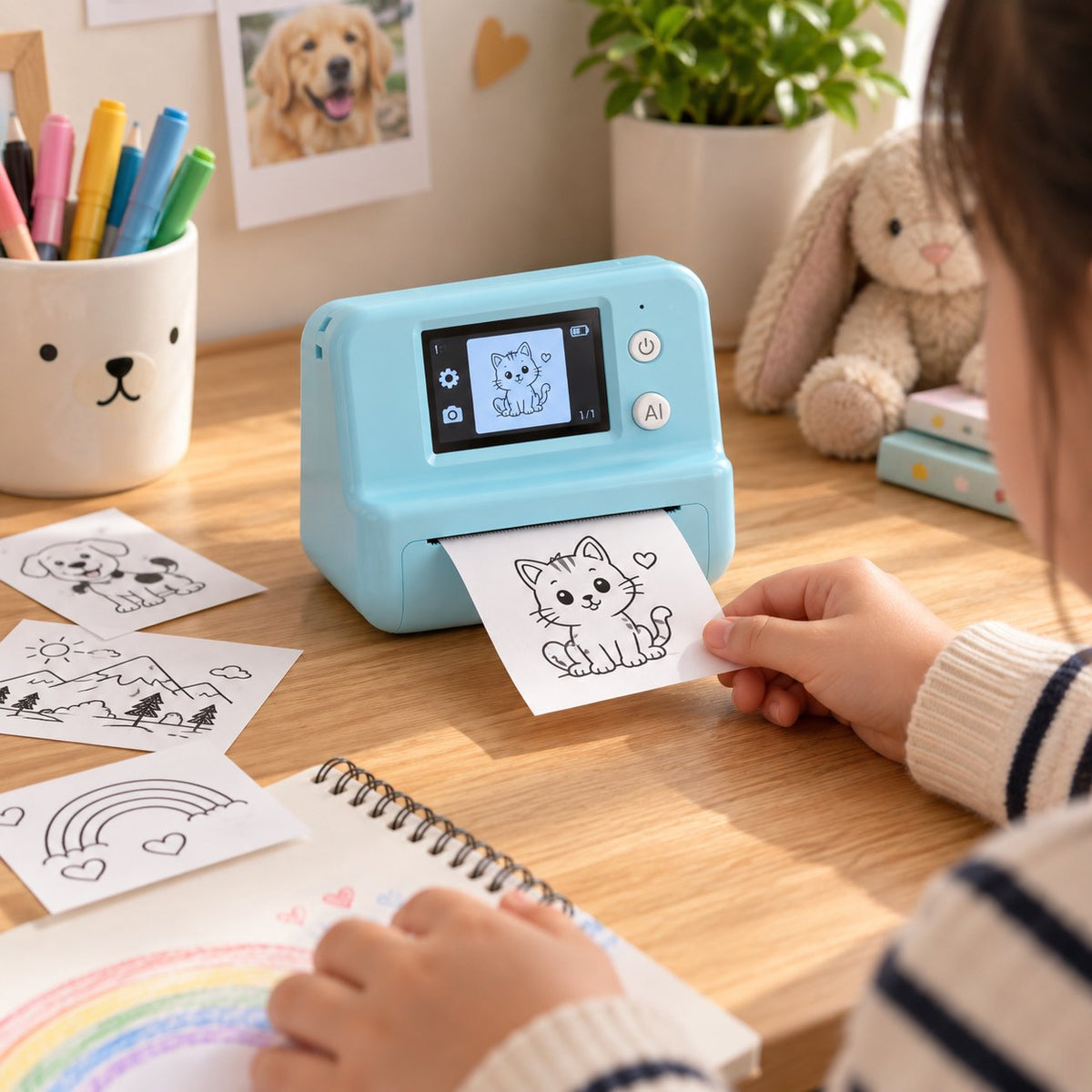 Mini Blue Printer Printing our picture of a cat to a kid whose working on her notebook
