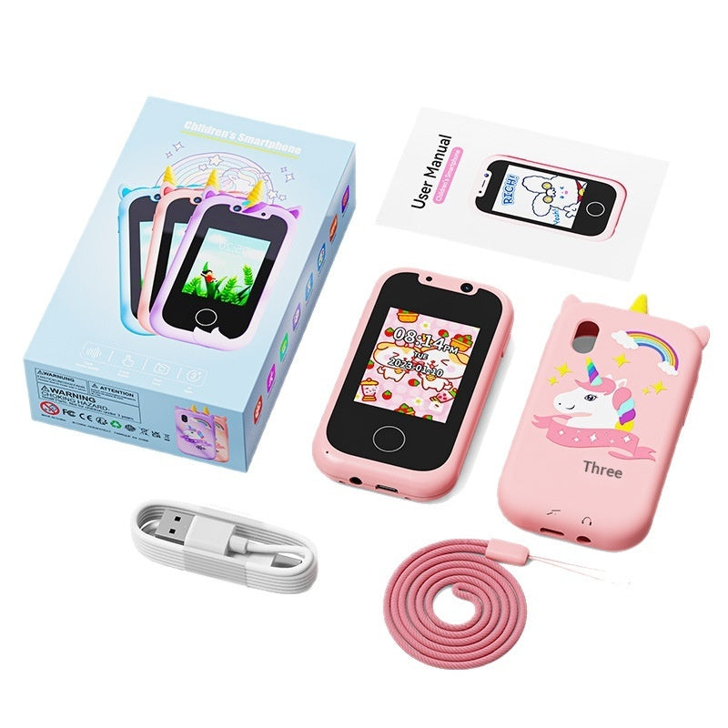 Pink children's Phone Toy  with accessories and packaging on a white background