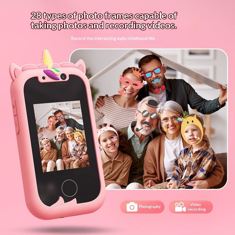 Pink Phone Toy with unicorn design, showing a family photo on screen, on a pink background.
