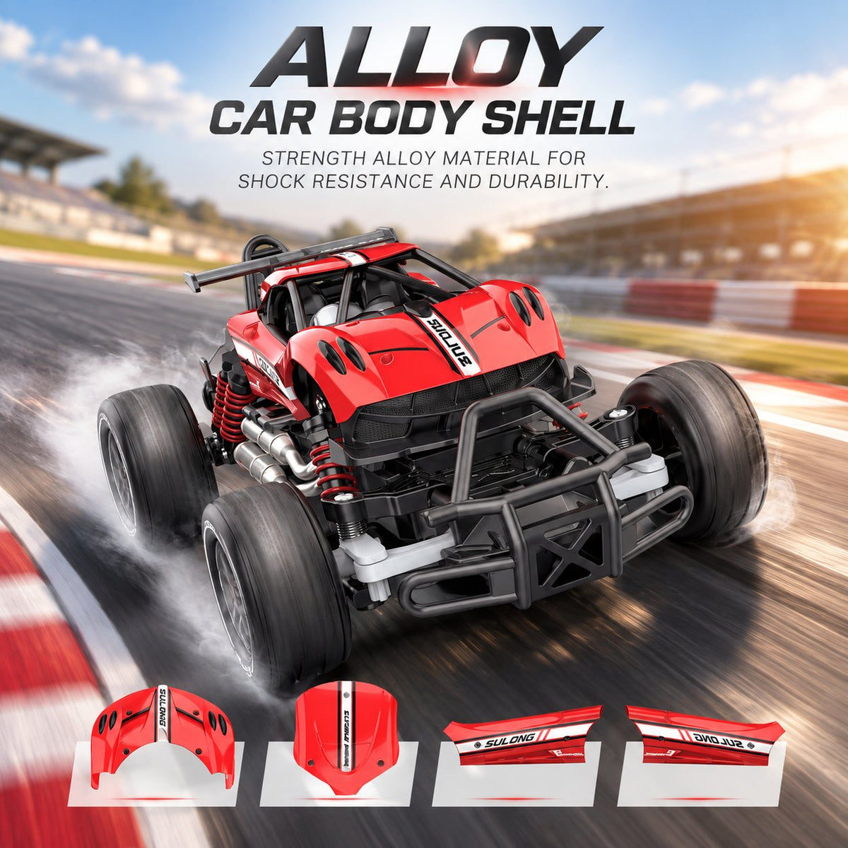 Red rock crawler remote control car rear view