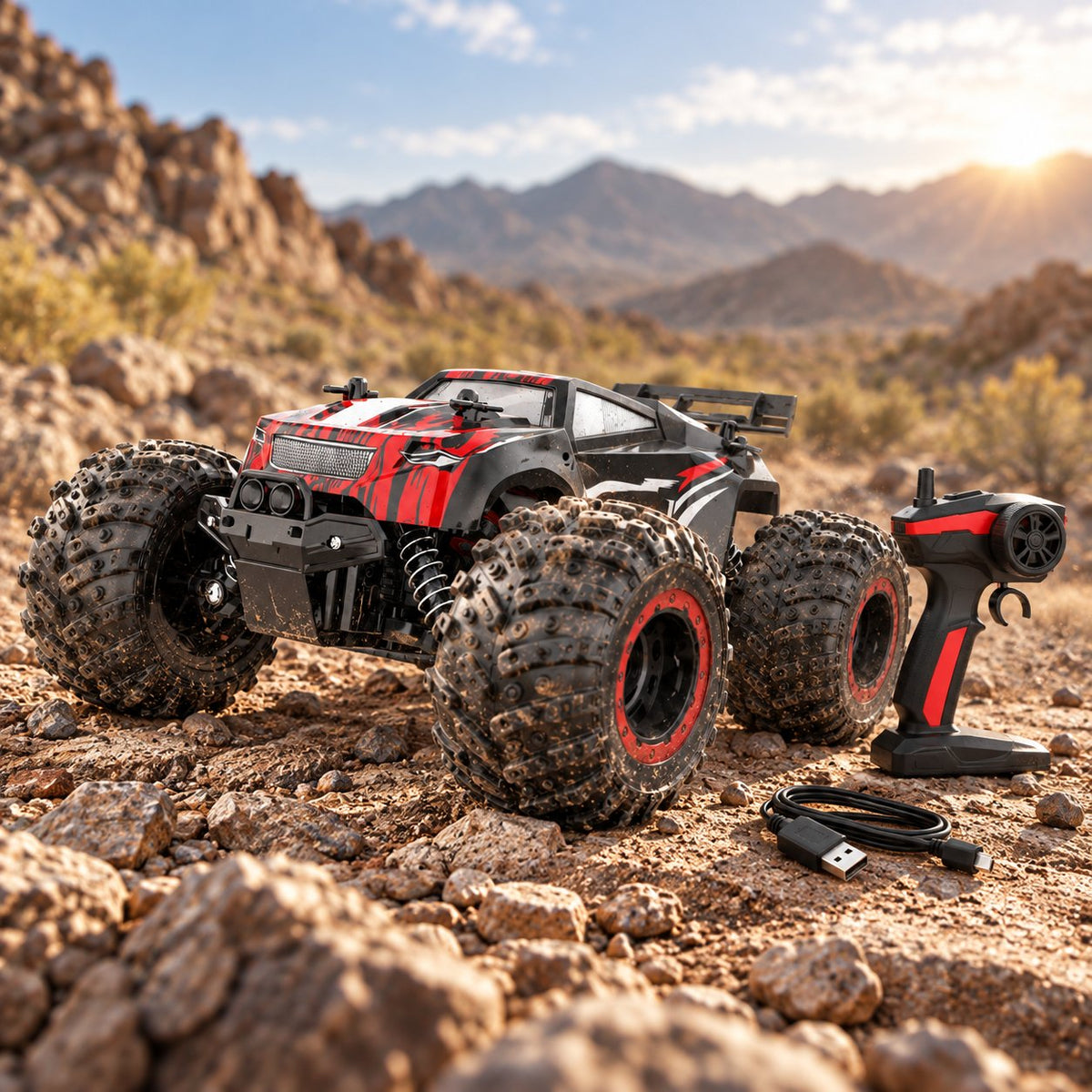 Rock crawler RC car showing four-wheel suspension