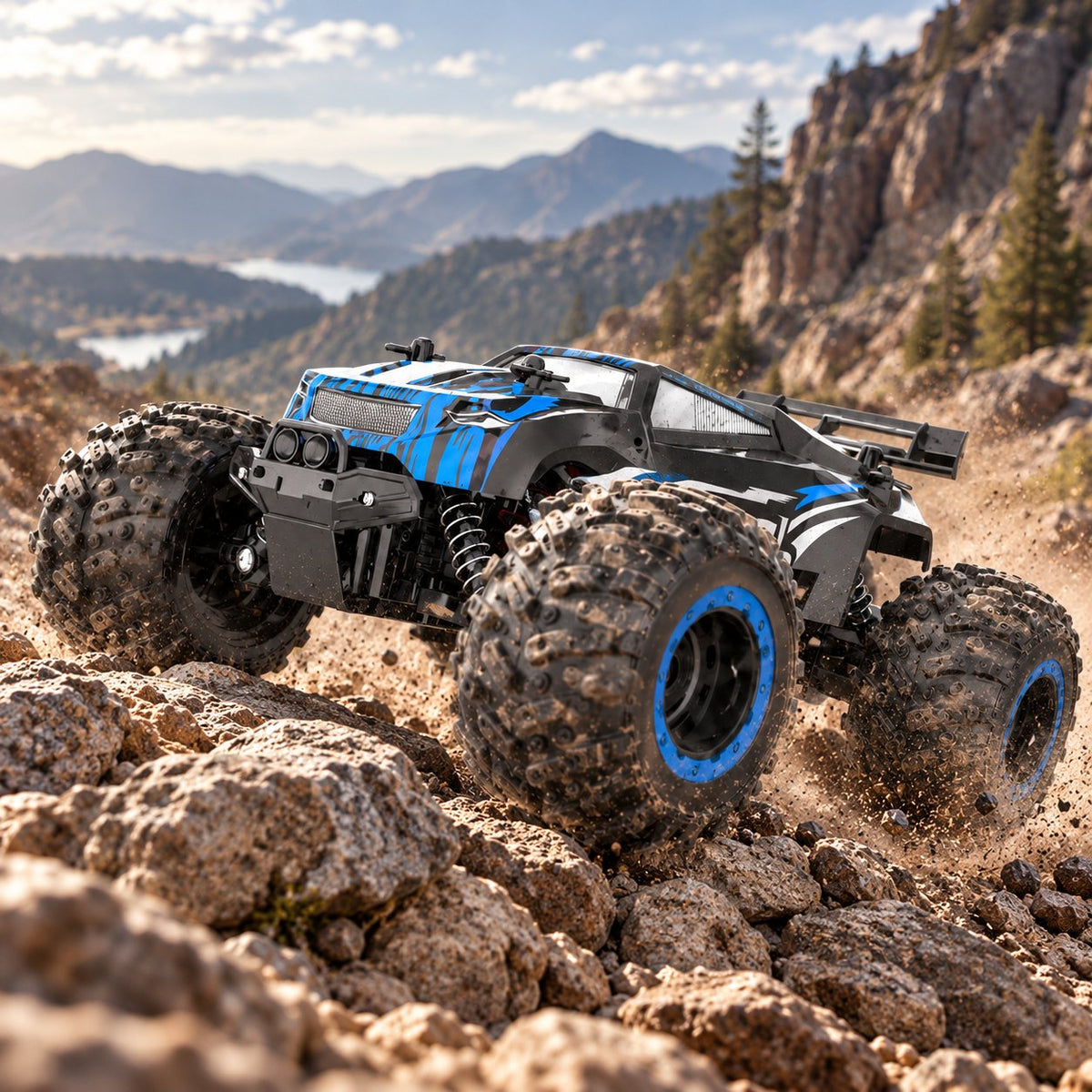 RC rock climber side view with textured tires