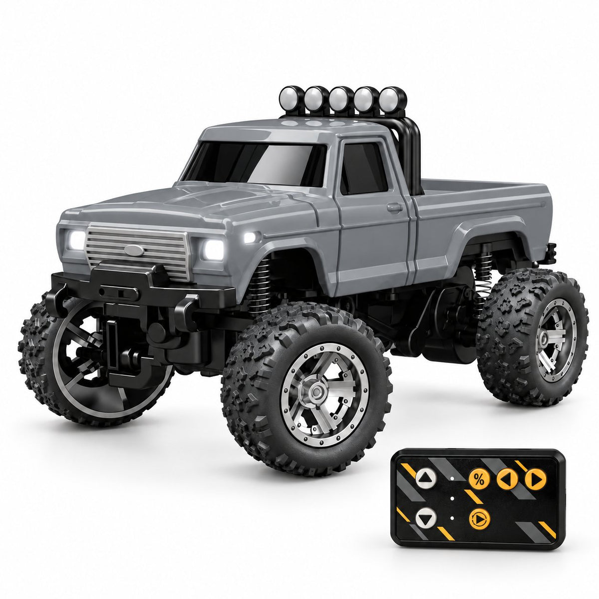 A gray mini RC monster truck with black tires, a front bumper, roof-mounted lights, and a separate black remote control controller shown in the bottom right corner, on a white background.