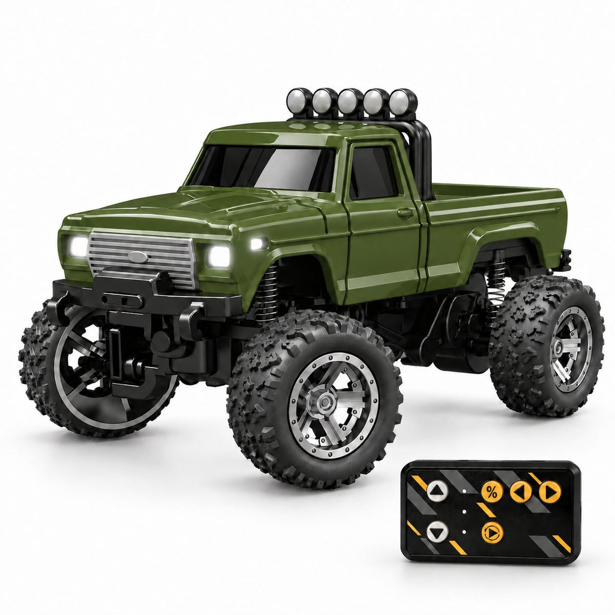 An olive green mini RC monster truck with black off-road tires, a black roll bar with four auxiliary lights, and a black remote control controller shown in the bottom right corner, set against a plain white background.