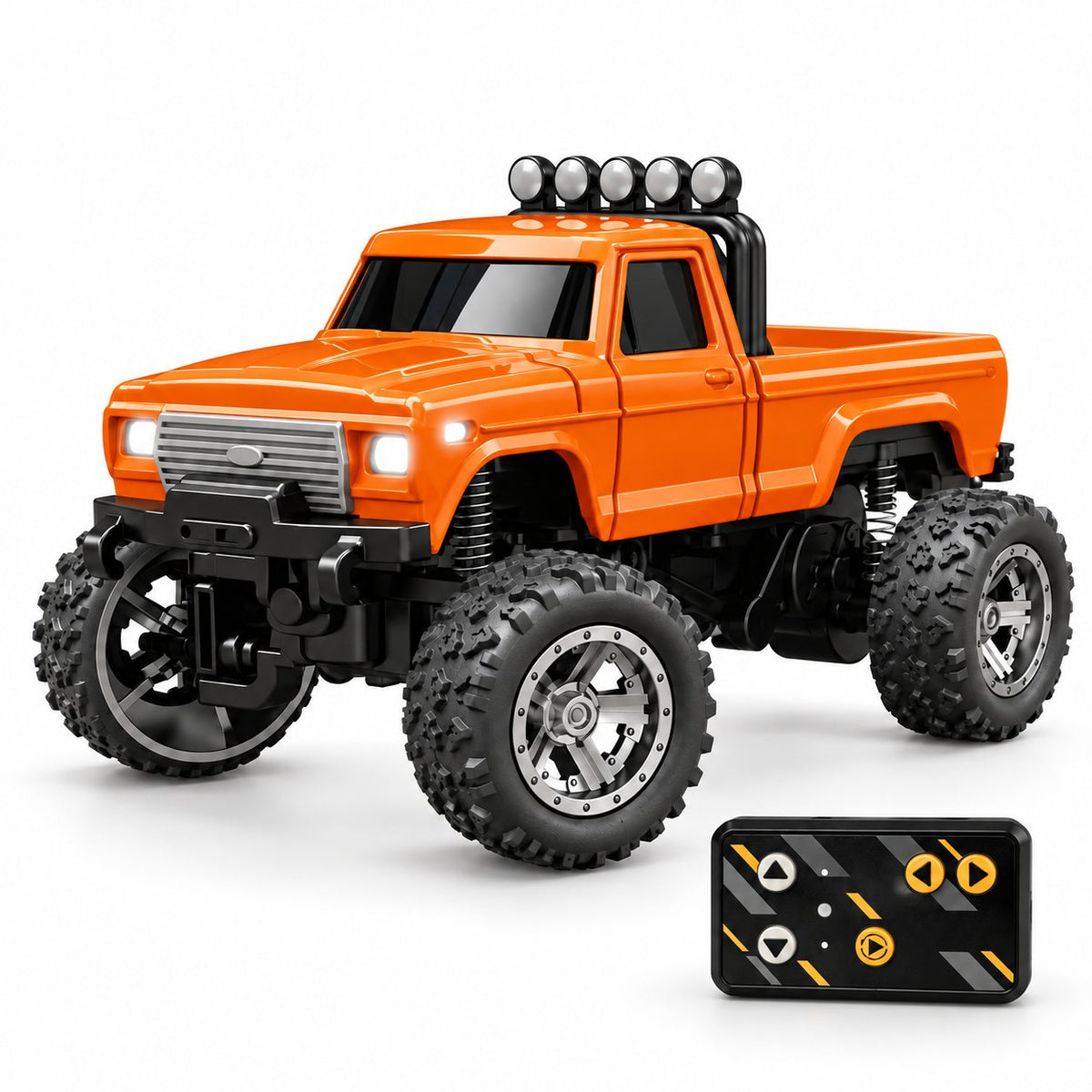 An orange mini RC monster truck with oversized black off-road tires, a black front bumper, roof-mounted light bar, and a separate black remote control controller, shown on a clean white background.
