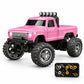 A pink mini RC monster truck with black off-road tires, a black front bumper, and a black remote control controller shown in the bottom right corner, on a white background.