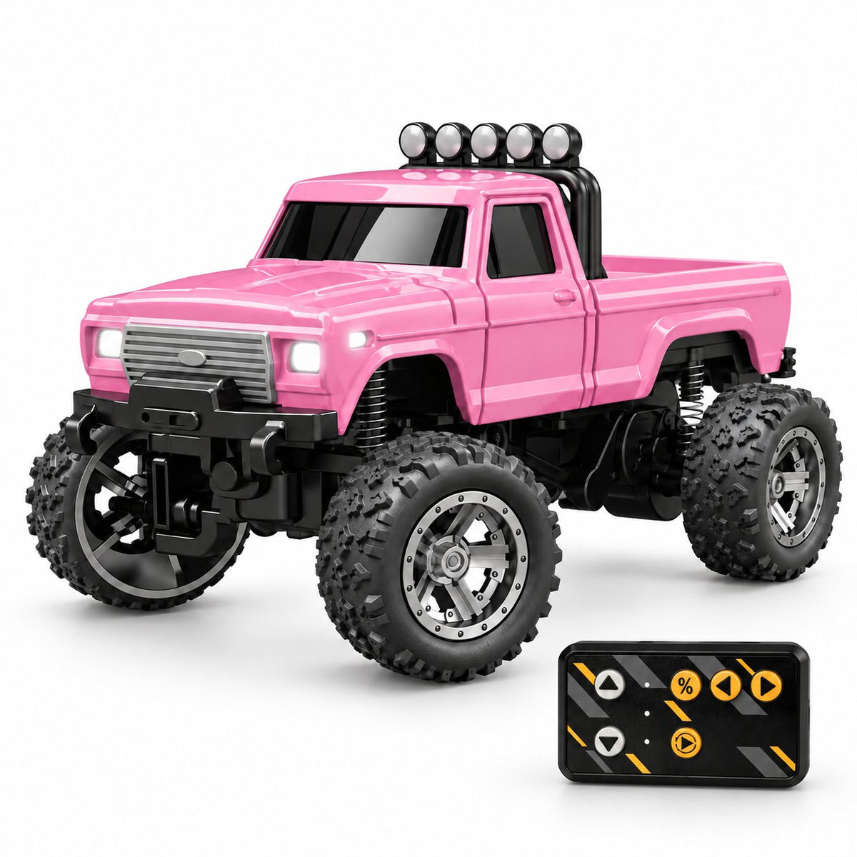 A pink mini RC monster truck with black off-road tires, a black front bumper, and a black remote control controller shown in the bottom right corner, on a white background.