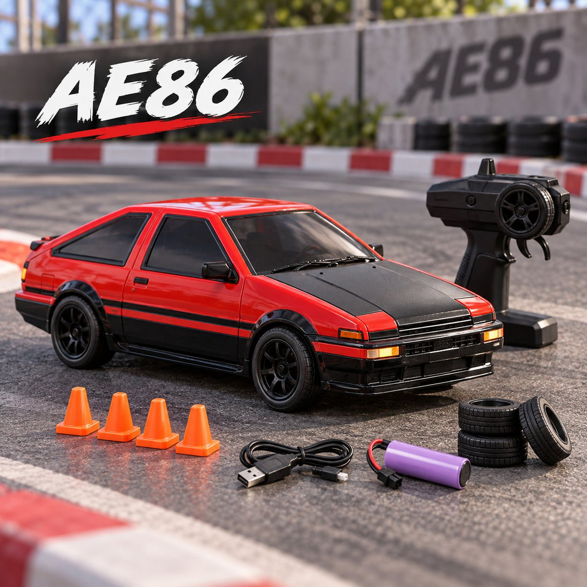 A red and black rc auto drift car set displayed on a racetrack background, including the car, black remote controller, orange traffic cones, black tires, USB charging cable, and purple battery. The AE86 logo is displayed in the top left corner.