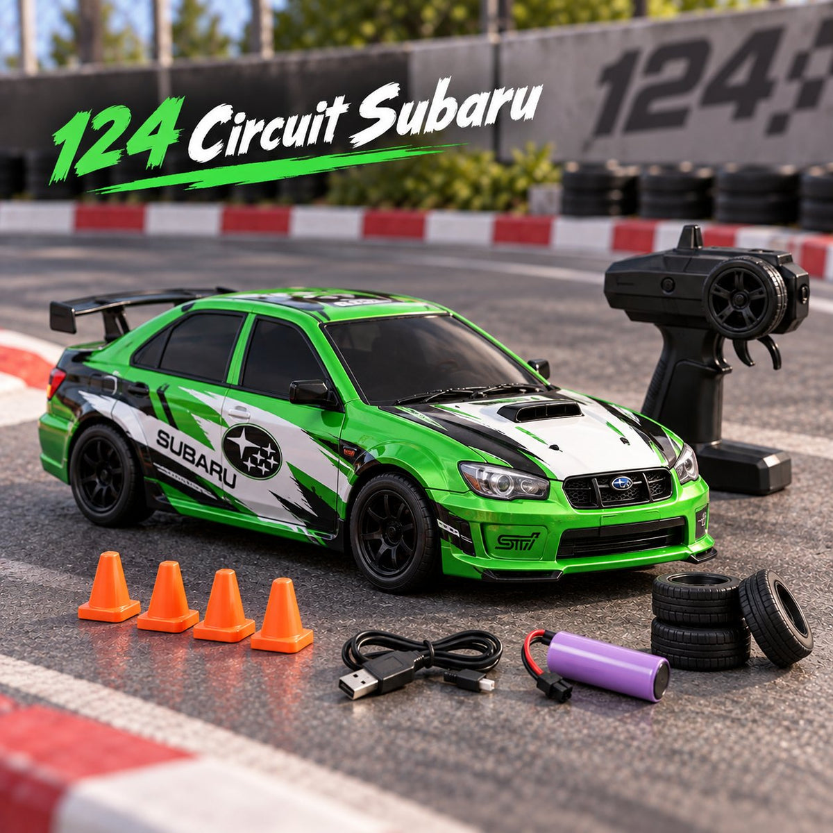 Green and white rc auto drift car with a black remote controller, USB charging cable, purple battery, and four orange cones on a racetrack background. Text overlay reads '124 Circuit Subaru'.
