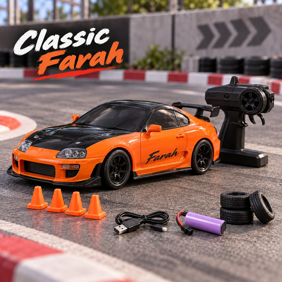 Orange and black rc auto drift car with a matching black transmitter, USB charging cable, purple battery, and four small orange cones on a racetrack surface. The words 'Classic Farah' appear in the upper left.