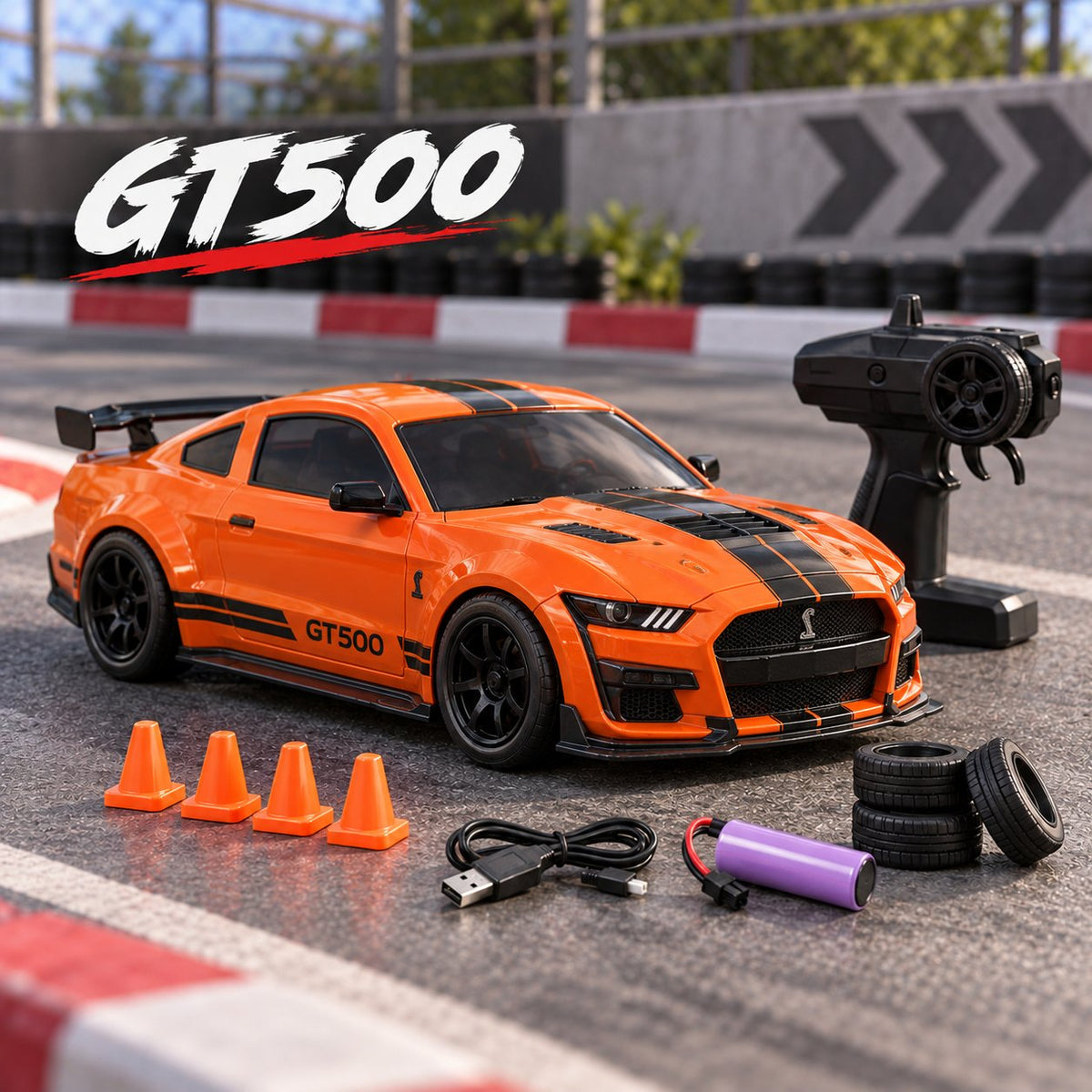Orange and black GT500 rc auto drift car with a black handheld transmitter, USB charging cable, purple battery, and four orange cones on a racetrack surface. The words 'GT500' are displayed in the top left corner.