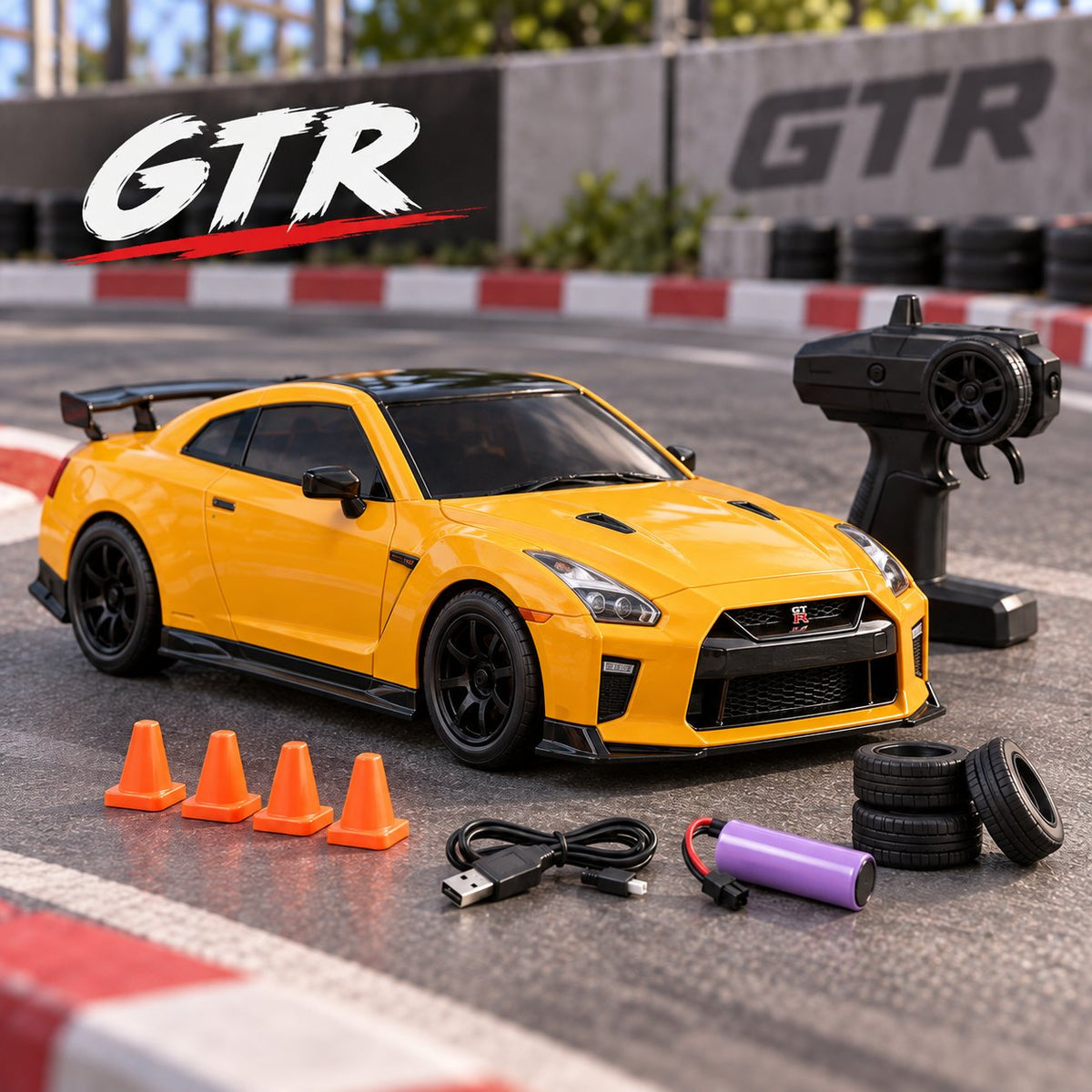 A bright yellow rc auto drift car modeled after a Nissan GT-R, displayed on a racetrack with its black remote control, battery, USB cable, and tires. The 'GTR' logo is visible in the top left corner.