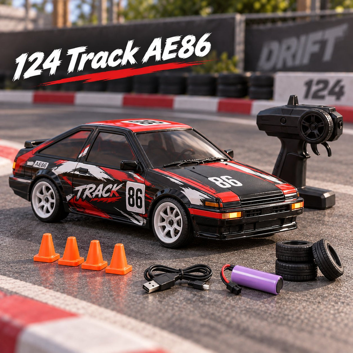 A rc auto drift car with a black, red, and white livery, shown with its black remote control, four orange cones, spare tires, and a USB charging cable on a racetrack background. Text overlay reads '124 Track AE86'.