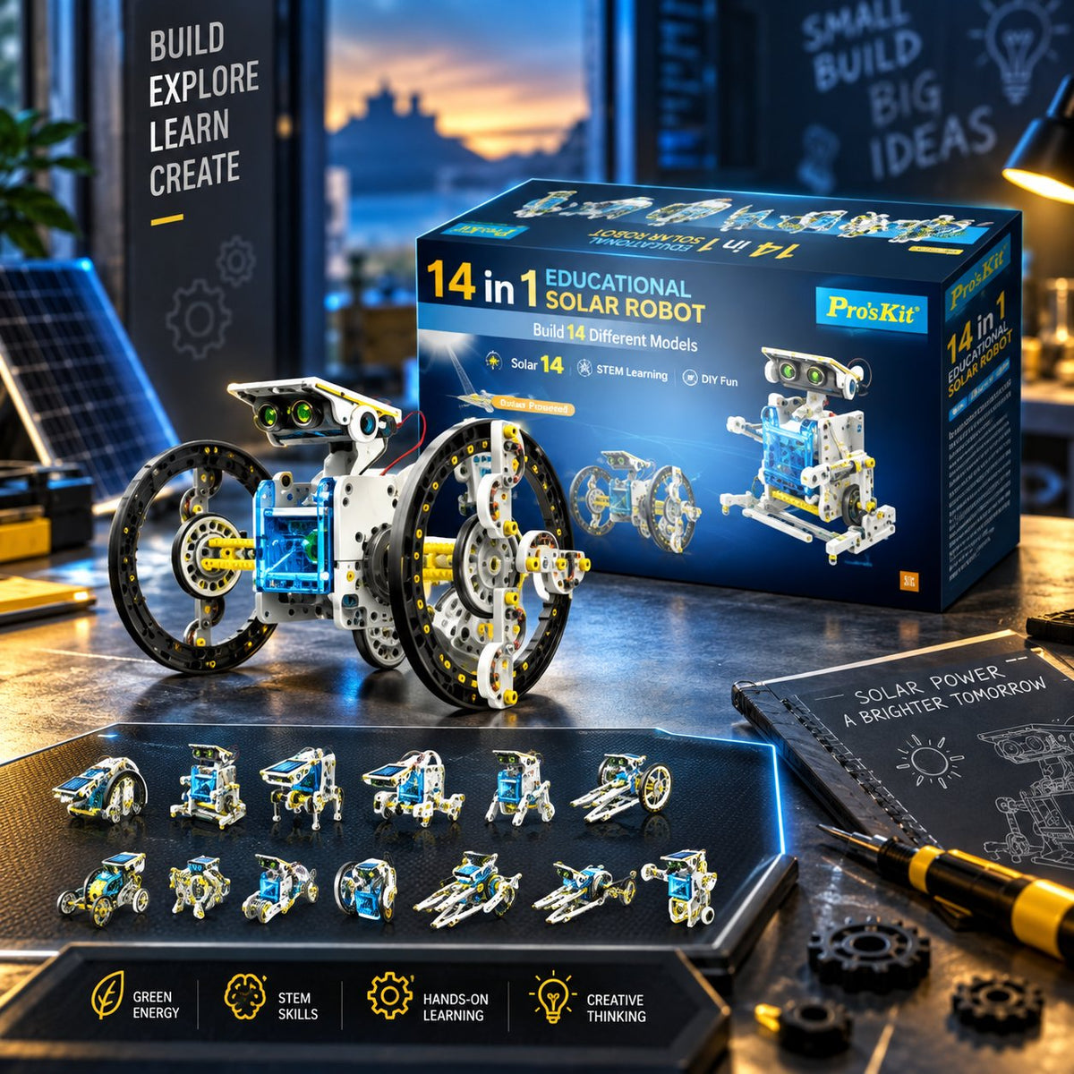 Pro'sKit 14-in-1 Educational Solar Robot Kit – STEM Building Toy for Kids