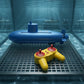 RC SUMBARINE WTH ITS YELLOW REMOTE SUBMURGED IN WATER
