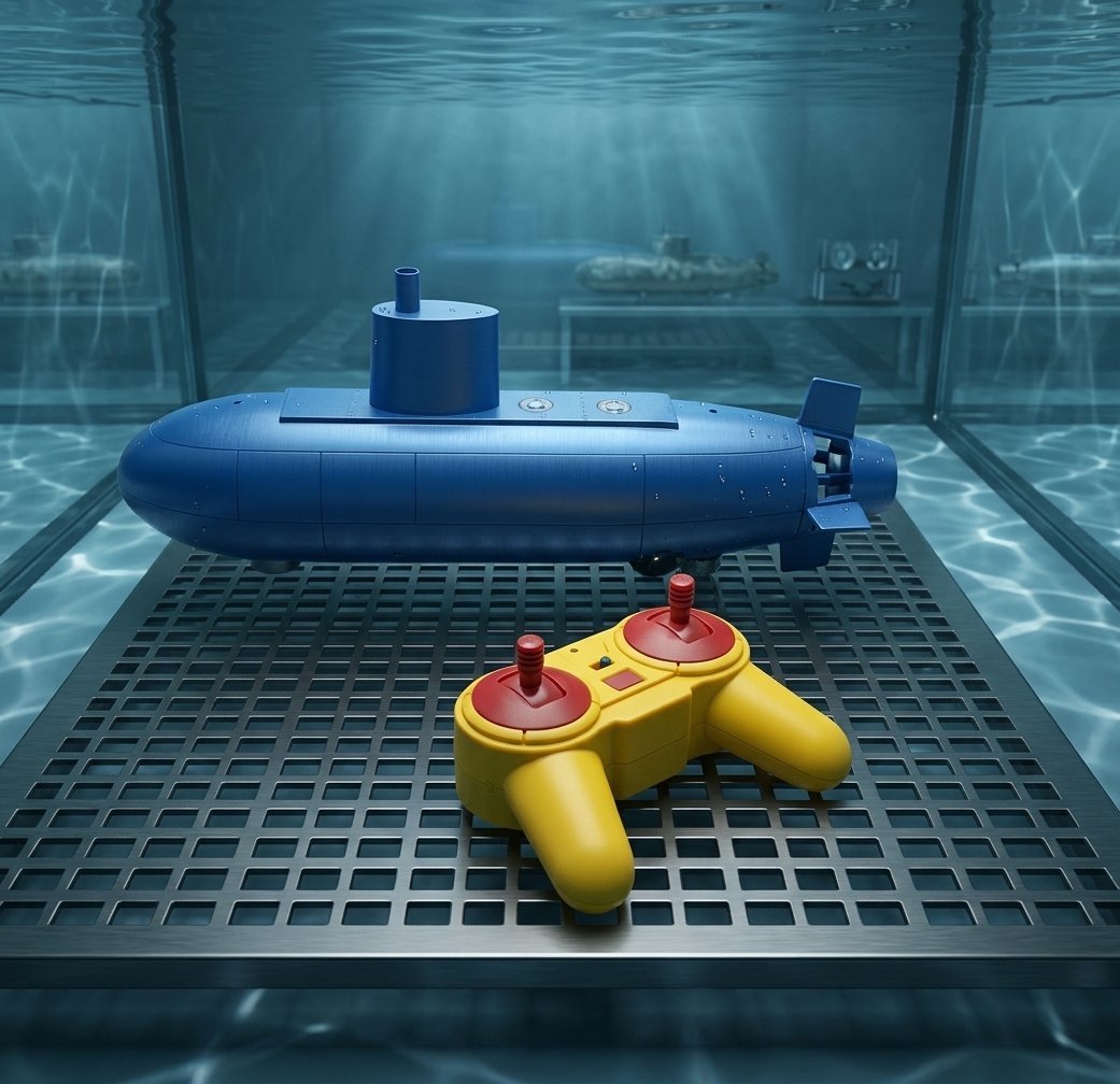 RC SUMBARINE WTH ITS YELLOW REMOTE SUBMURGED IN WATER
