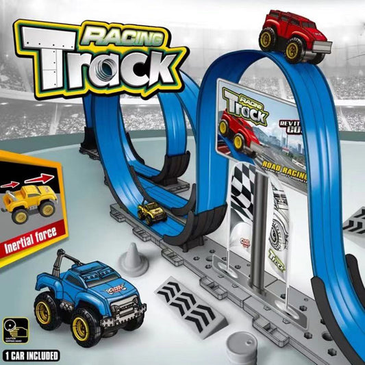 Roller coaster toy track set with double loops and red inertia car

