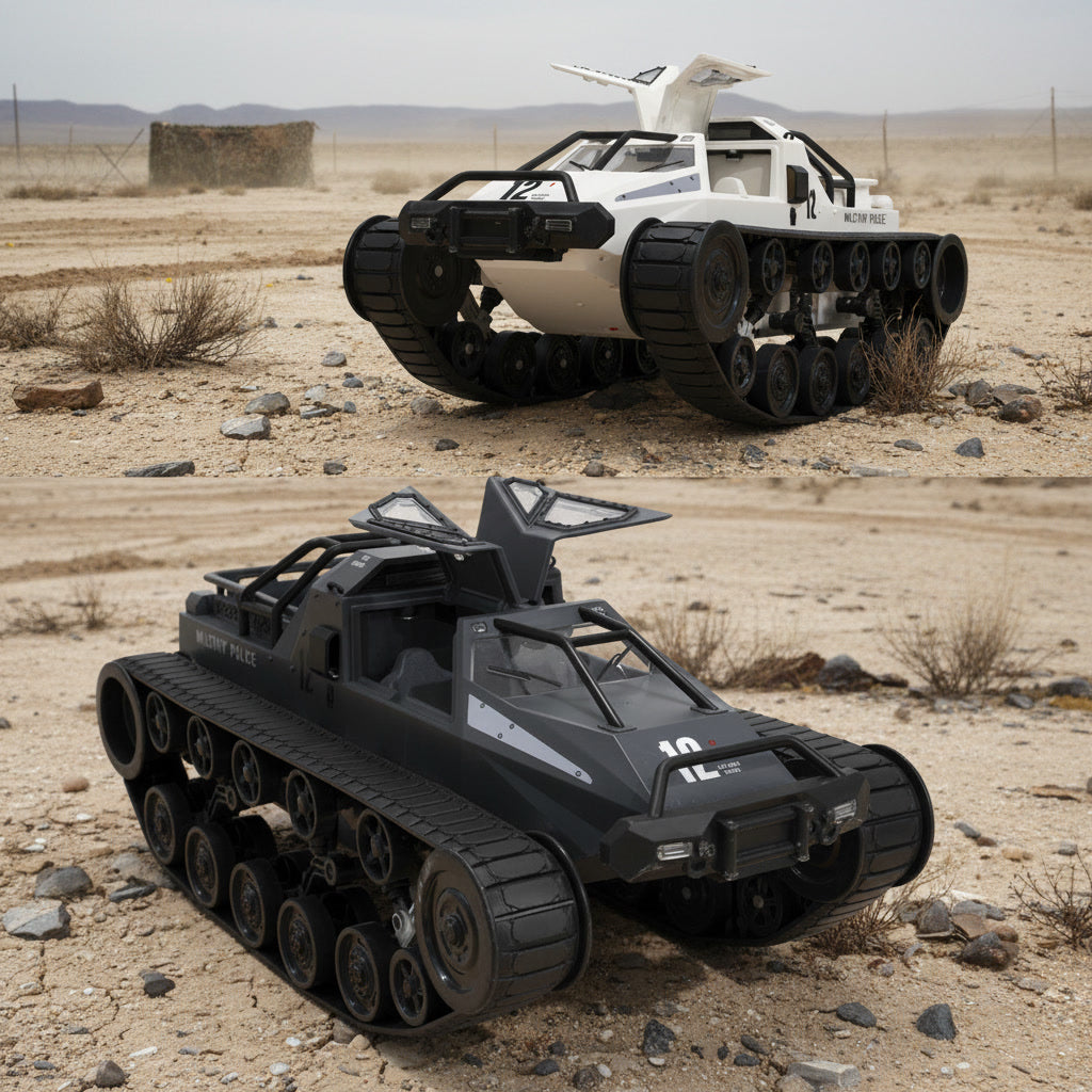 Two remote-controlled tank-like toy vehicles shown in a desert outdoor setting. The top vehicle is white with black tracks and a small white airplane mounted on top.