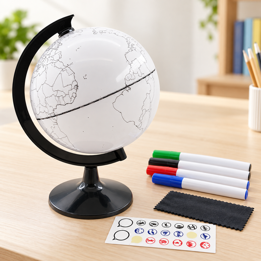 White globe drawing toy with pens and wipe