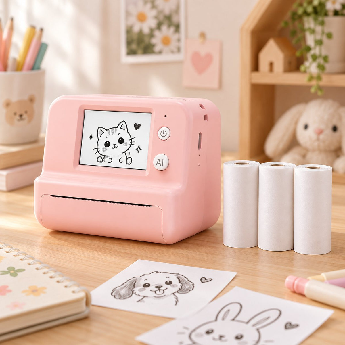 Mini Printer Pink with 3 Paper rolls beside it while a cat is displayed on the screen of the printer